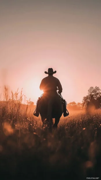 Silhouetted cowboy on horseback, sunset sky, lasso ready, open plains.