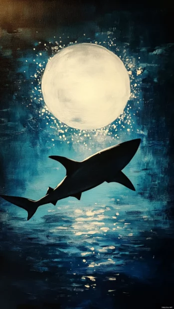 Silhouetted shark under beam of moonlight.