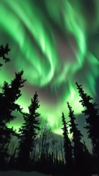 Silhouetted trees swaying under pulsing auroras.