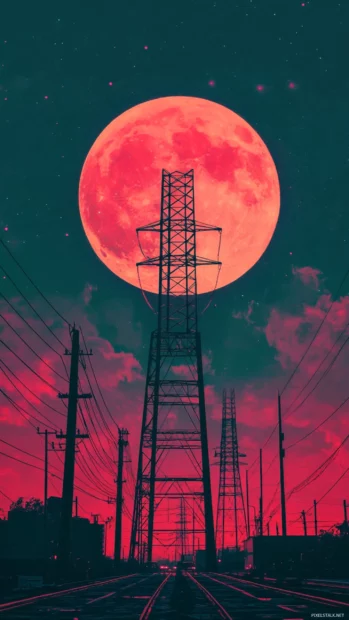 Silhouettes of towers under a digital moon, aesthetic cyberpunk background for phone.