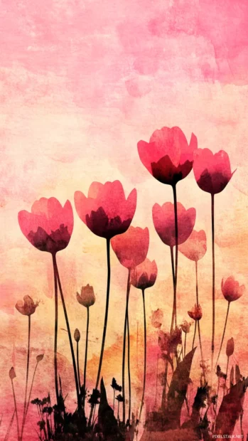 Silhouettes of tulips against a watercolor pink and gold sky.