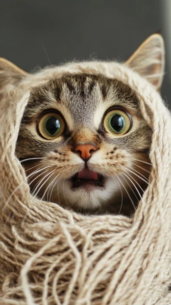 Silly cat tangled in yarn making a funny surprised face.