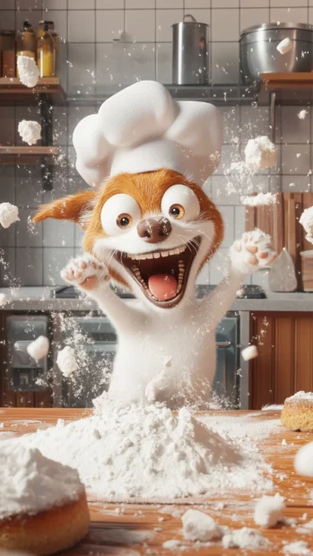 Silly dog wearing a chef hat, attempting to bake a cake but making a huge mess in the kitchen, with flour everywhere.