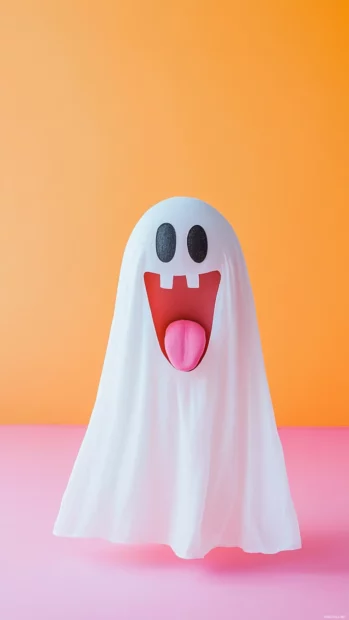 Silly ghost making funny faces over a pastel background.