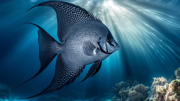 Silver and black angelfish elegant, vibrant coral reef, long fins flowing gracefully, clear blue waters gliding.