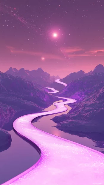 Silver streams winding beneath soft purple star belts, echoing through the skies of chill aesthetic purple stars wallpaper.