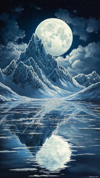 Silvery moonlight reflecting off icy mountain peaks.