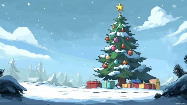 Simple Christmas tree with colorful ornaments, star on top, surrounded by wrapped presents in snow.