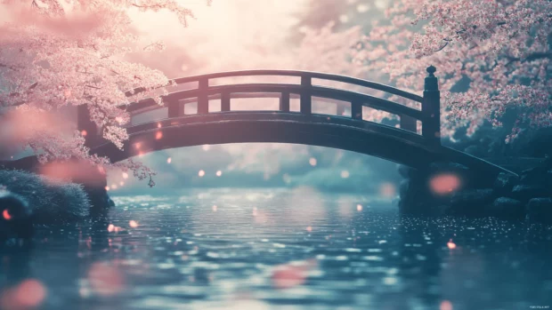 Simple anime bridge over stream, gentle flow and soft light, ideal for Anime Desktop Wallpapers 4K.