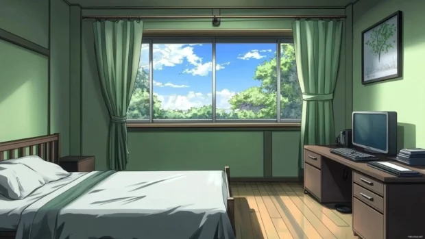 Simple anime room with bed, desk and open window.