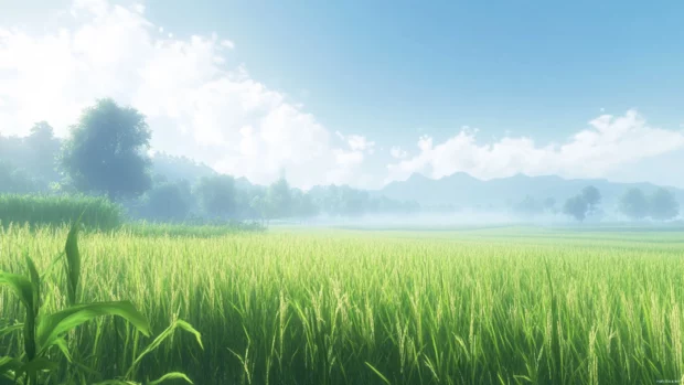 Simple anime scenery of rice fields with soft morning fog, 4K anime desktop wallpaper style.