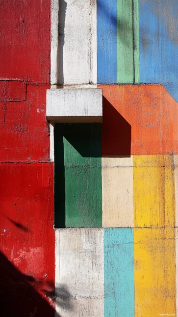 Simple color blocks arranged vertically in a minimalist style.