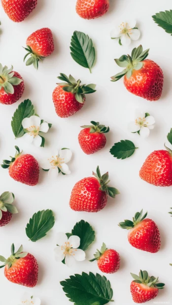 Simple flat lay design with strawberries, leaves, and blossoms on a white background.