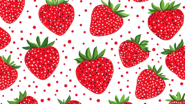 Simple flat strawberries and dots on pure white, modern minimalist pattern.
