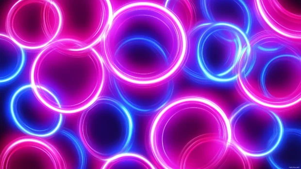 Simple glowing neon circles, overlapping in soft pink and blue tones, vector illustration.