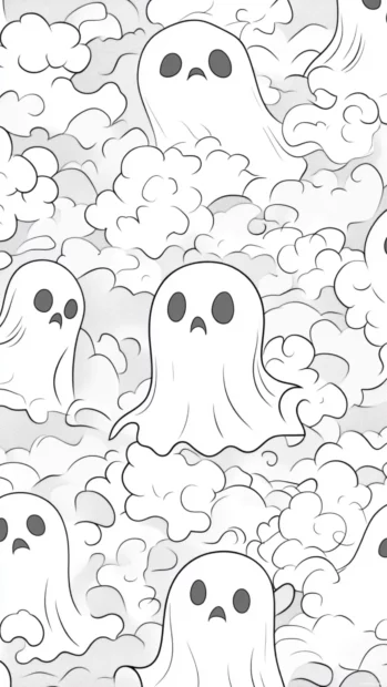 Simple line art ghosts bounce through a repeating pattern of bows and clouds.