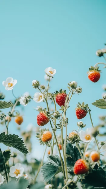 Simple lines strawberry plant with flowers and unripe berries on vines against sky blue background.
