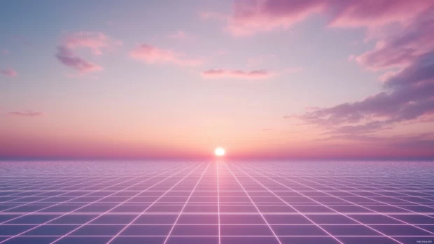 Simple retrowave neon grid gently illuminated under a pale pink and blue sky, with a faint sun blending into the horizon, Retro style.