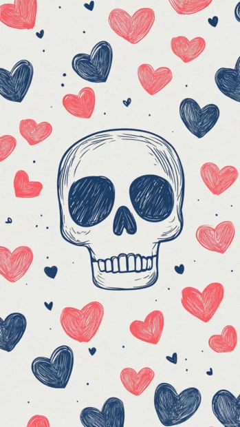 Simple skull doodle icon patterned beside mini hearts.