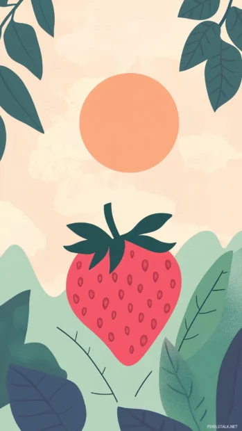 Simple strawberry landscape with a sun shaped strawberry and leafy hills on a pastel gradient.