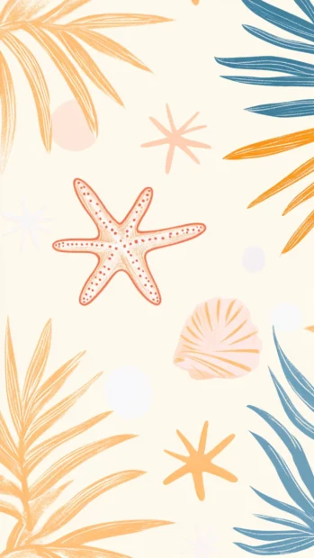 Simple summer doodles of starfish, palm leaves, and soft sunbursts arranged on delicate pastel backdrops.