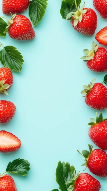Simple vertical border of strawberries and leaves on a light blue background, clean and aesthetic.