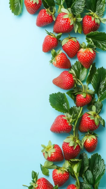 Simple vertical border of strawberries and leaves on a soft light blue background, clean and minimal.