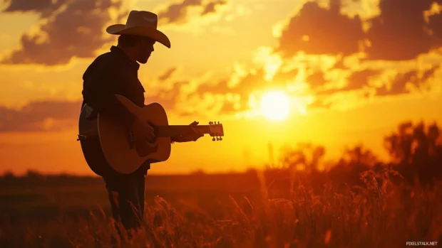 Singer performing country music in twilight spotlight.