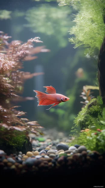 Single betta fish serene view, flowing fins gliding, minimalistic aquarium, delicate plants, smooth pebbles.