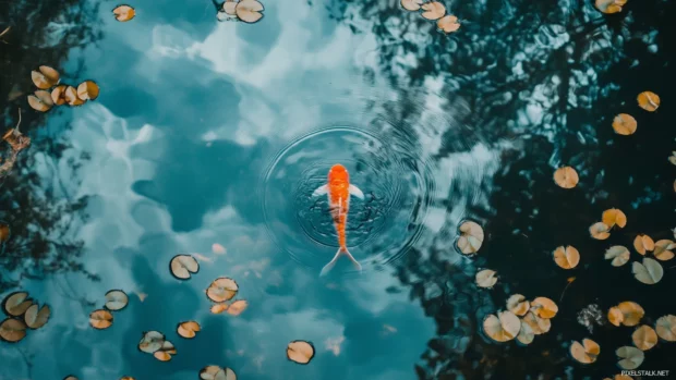 Single bright orange white koi fish, in focus, gracefully moving, calm clear water, lily pads scattered.