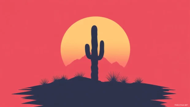 Single cactus silhouette with sunset colors in 4K minimalist desktop wallpaper style.