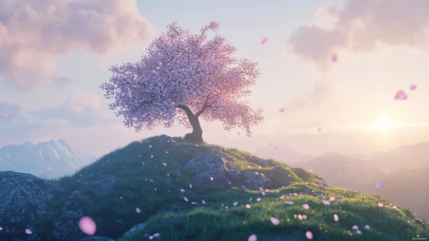 Single cherry blossom tree on a small hill in anime style.