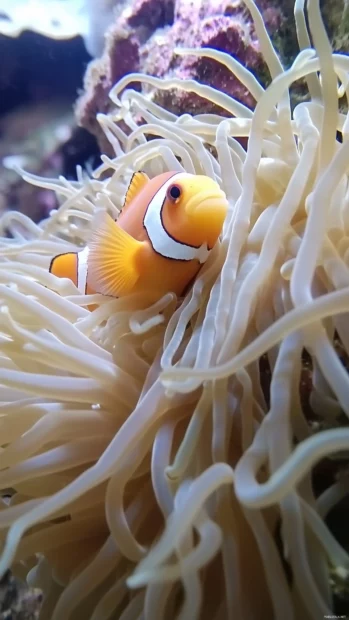 Single clownfish captured vertically among the soft tendrils of a sea anemone, its orange and white stripes contrasting beautifully.