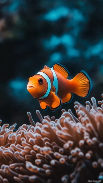 Single clownfish captured vertically among the soft tendrils of a sea anemone, its orange and white stripes contrasting beautifully.