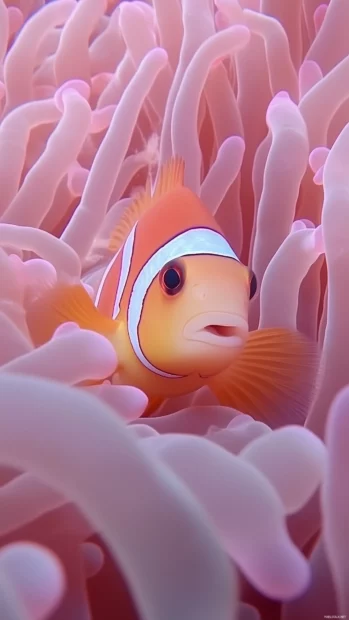 Single clownfish, vertical capture, soft sea anemone tendrils, orange white stripes contrasting beautifully.