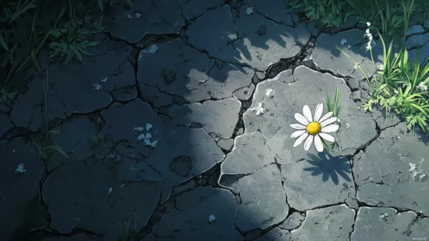 Single daisy growing through cracked anime pavement.