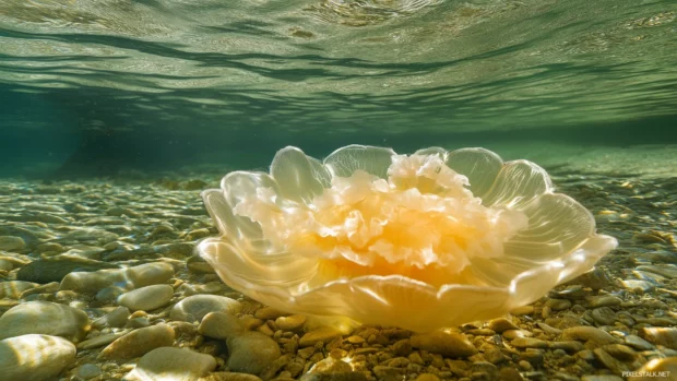 Single, elegant jellyfish in crystal clear water, its bell shape and intricate tendrils casting subtle shadows.