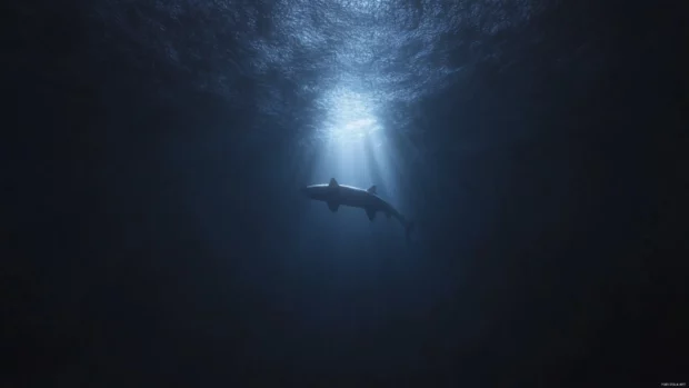 Single great white shark swimming toward distant light source.