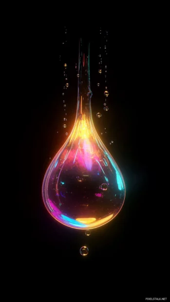 Single neon droplet falling into black ocean.