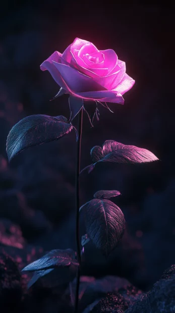 Single neon rose blooming in infinite black.