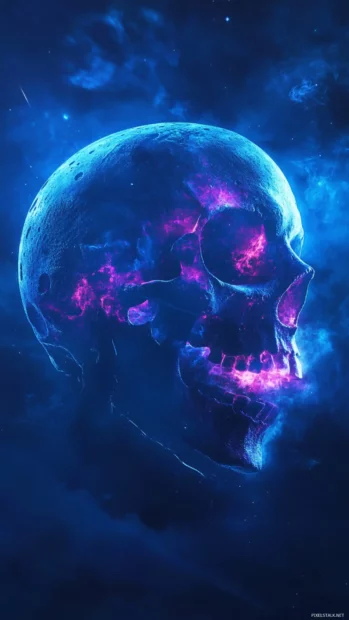 Single neon skull hovering under moonlight.