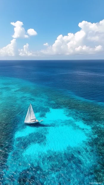 Single sailboat crossing vast Pretty Ocean expanse.
