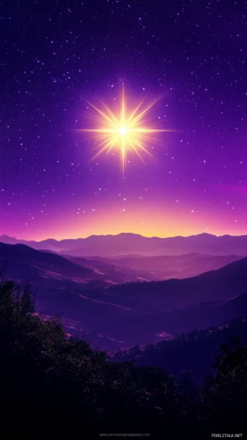 Single shimmering star, center, deep purple sky, subtle glow, highlights radiance, clean elegant celestial look.