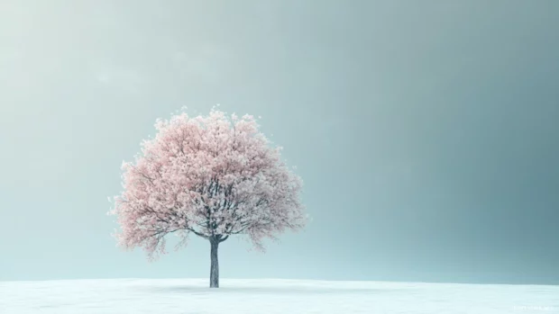 Single tree in soft pastel colors, minimalist wallpaper design.