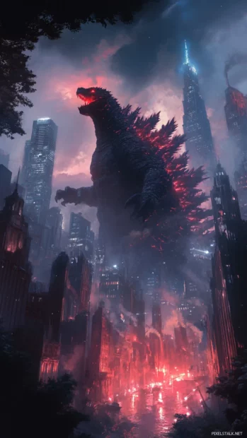 Sirens flash red as Godzilla crashes through the city gates.