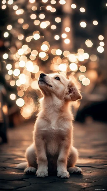 Sitting calmly under fairy lights, this puppy is one of the best cute puppy lockscreen wallpapers.