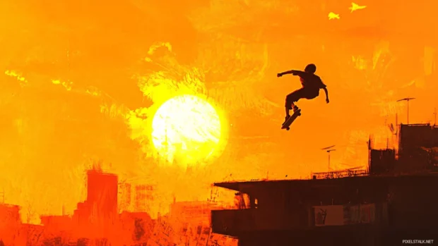 Skater boy flipping trick at sunset.
