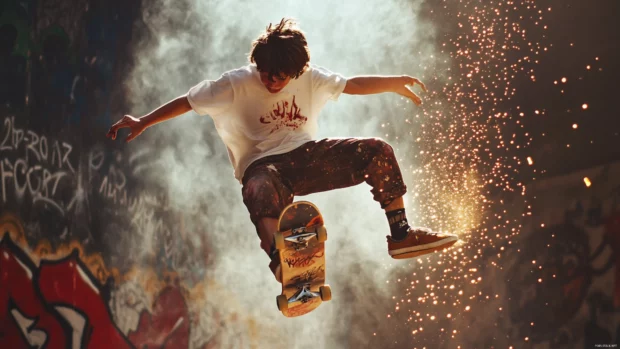 Skater flying through the air, the boy leaves a trail of graffiti sparks.