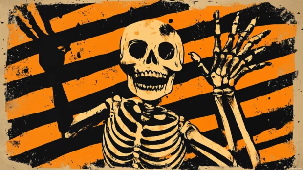 Skeleton waving in black and orange stripes like old cartoons.