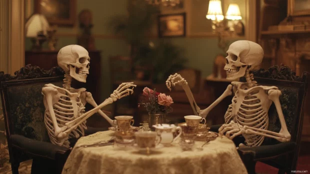 Skeletons having a tea party in a creepy Victorian parlor.
